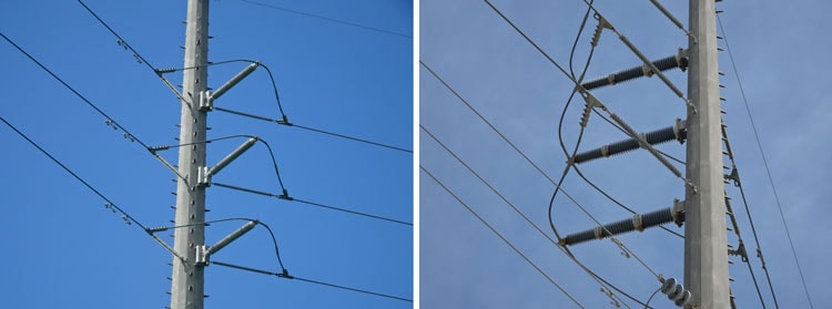 Typical pole construction of 138 kV system with no corona rings.